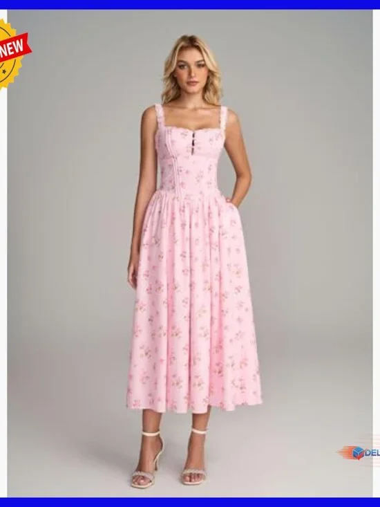 Summer Corset Midi Dress Floral Lace Smocked Flowy A-Line with Pockets - Picture 2 of 7